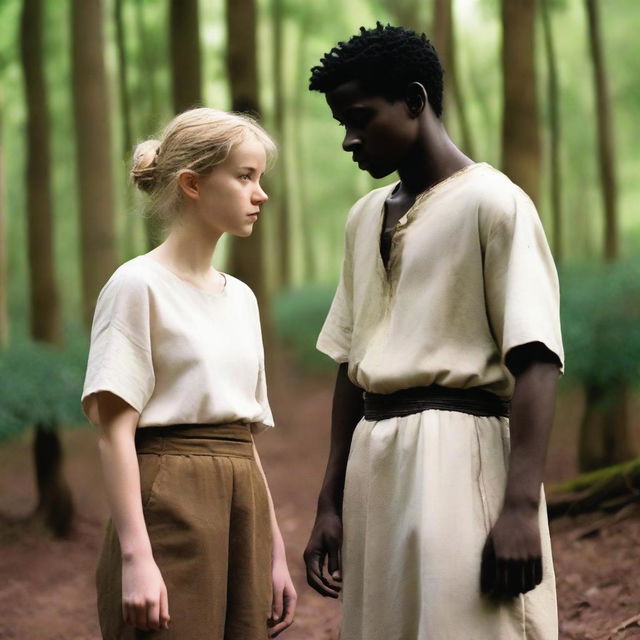 A short 16-year-old white girl with very short messy blonde hair, wearing a dirty biblical times tunic and trousers, stands back-to-back with a tall 21-year-old man with dark brown skin and black short wavy hair, missing a right hand, also in biblical times tunic and trousers