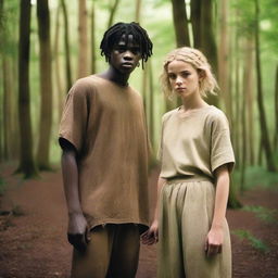 A short 16-year-old white girl with very short messy blonde hair, wearing a dirty biblical times tunic and trousers, stands back-to-back with a tall 21-year-old man with dark brown skin and black short wavy hair, missing a right hand, also in biblical times tunic and trousers