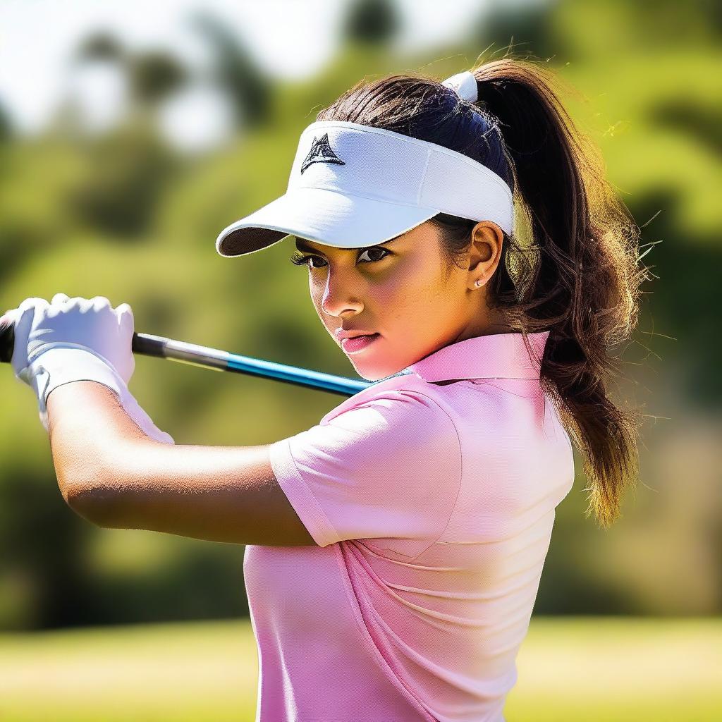 Create an image of a teenage Latina golfer, in the midst of a swing, on a sunny golf course