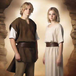 Create a fantasy book cover featuring a very short 16-year-old white girl with messy short blonde hair, dressed in a dirty biblical times tunic and trousers, standing back-to-back with a tall 21-year-old man with brown skin and short black wavy hair