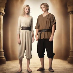 Create a fantasy book cover featuring a very short 16-year-old white girl with messy short blonde hair, dressed in a dirty biblical times tunic and trousers, standing back-to-back with a tall 21-year-old man with brown skin and short black wavy hair