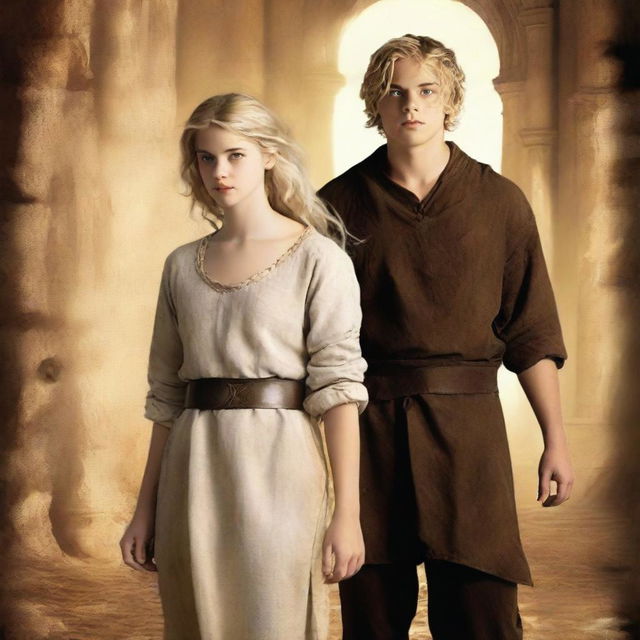 Create a fantasy book cover featuring a very short 16-year-old white girl with messy short blonde hair, dressed in a dirty biblical times tunic and trousers, standing back-to-back with a tall 21-year-old man with brown skin and short black wavy hair