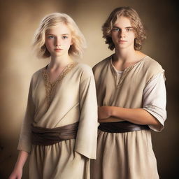 Create a fantasy book cover featuring a very short 16-year-old white girl with messy short blonde hair, dressed in a dirty biblical times tunic and trousers, standing back-to-back with a tall 21-year-old man with brown skin and short black wavy hair