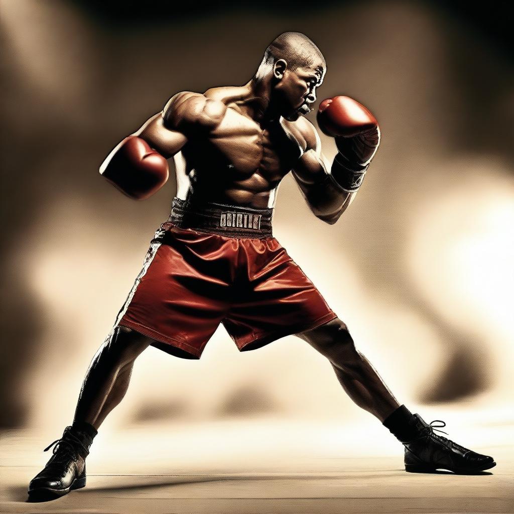 A large, muscular male boxer in the heat of a boxing match