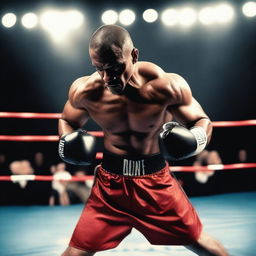 A large, muscular male boxer in the heat of a boxing match