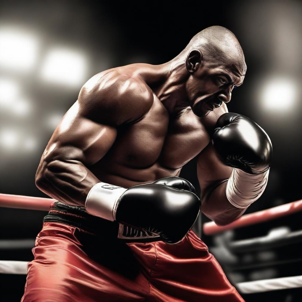 A large, muscular male boxer in the heat of a boxing match