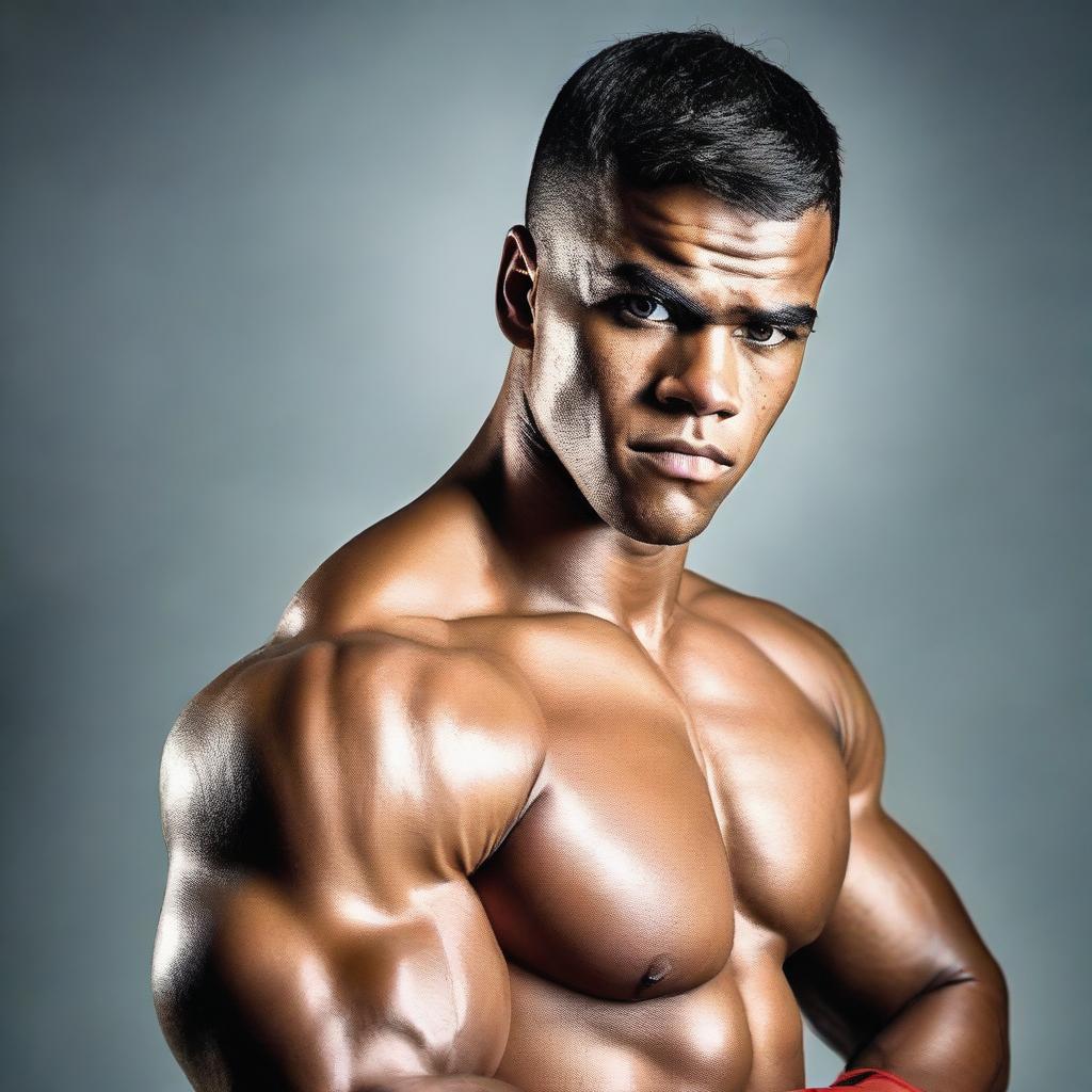 A large, young muscular male boxer flexing his muscles