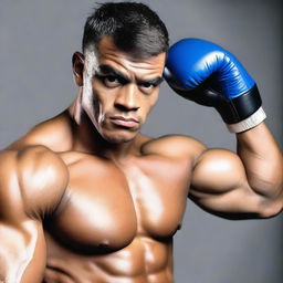 A large, young muscular male boxer flexing his muscles