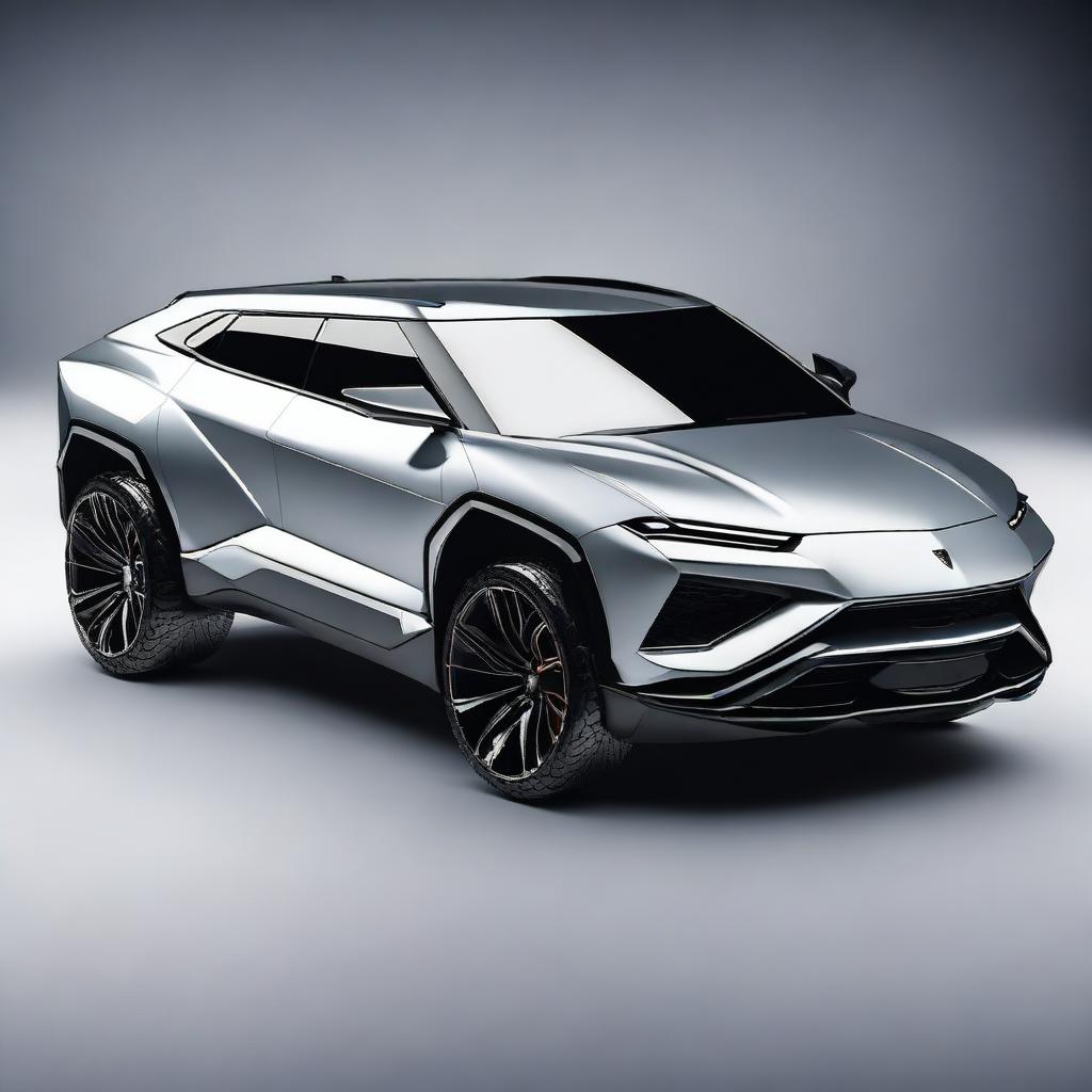 Generate a high-quality digital art image of a futuristic SUV that combines elements from the Lamborghini Urus and the Cybertruck