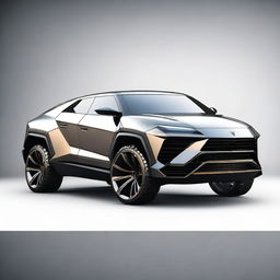 Generate a high-quality digital art image of a futuristic SUV that combines elements from the Lamborghini Urus and the Cybertruck