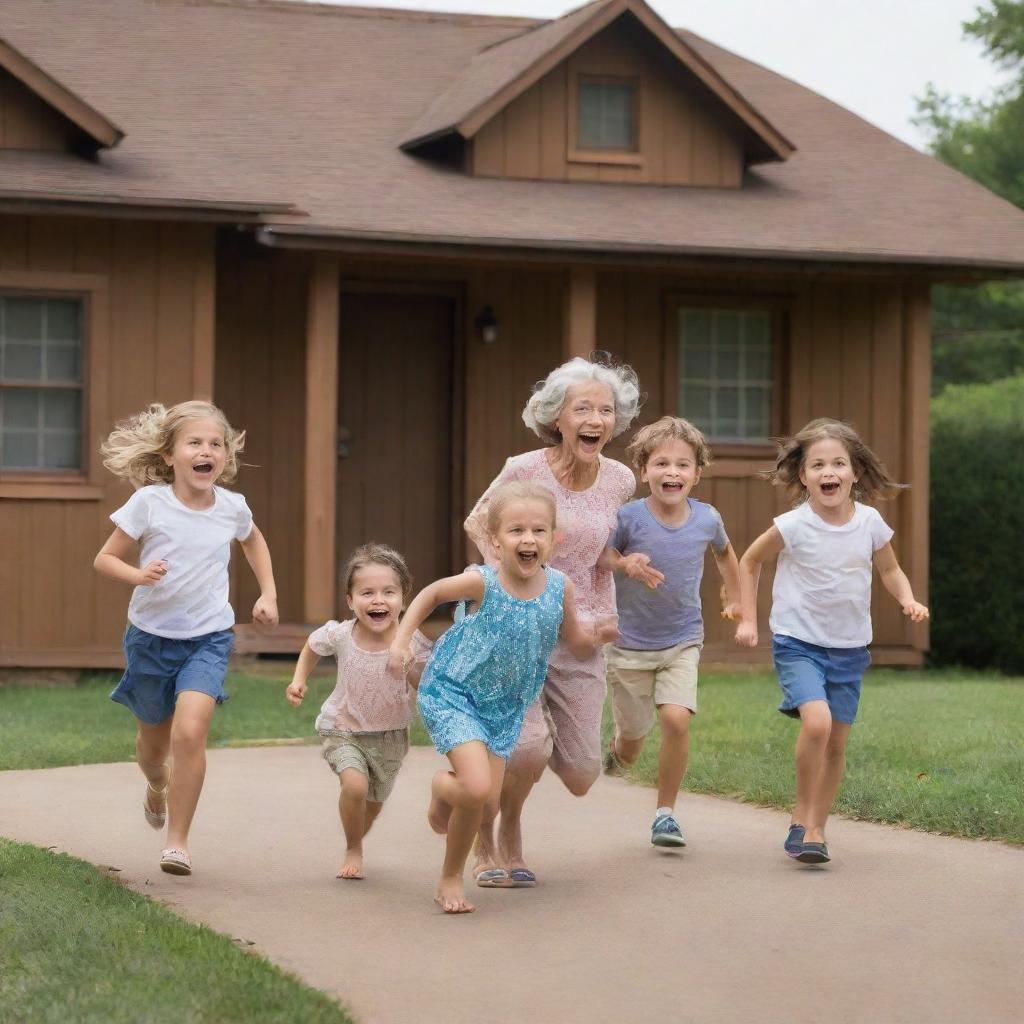 Four children running with excited expressions, pursued playfully by an elderly grandmother, with a quaint brown house forming the backdrop.