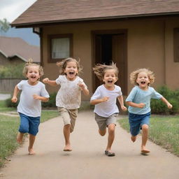 Four children running with excited expressions, pursued playfully by an elderly grandmother, with a quaint brown house forming the backdrop.