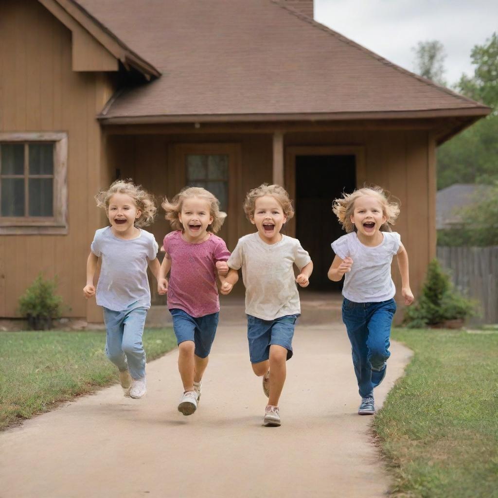 Four children running with excited expressions, pursued playfully by an elderly grandmother, with a quaint brown house forming the backdrop.