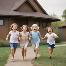 Four children running with excited expressions, pursued playfully by an elderly grandmother, with a quaint brown house forming the backdrop.