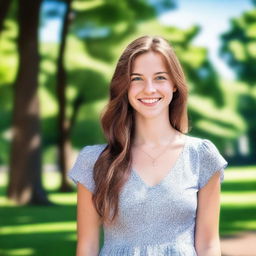 Generate an image of a girl standing in a park during a sunny day