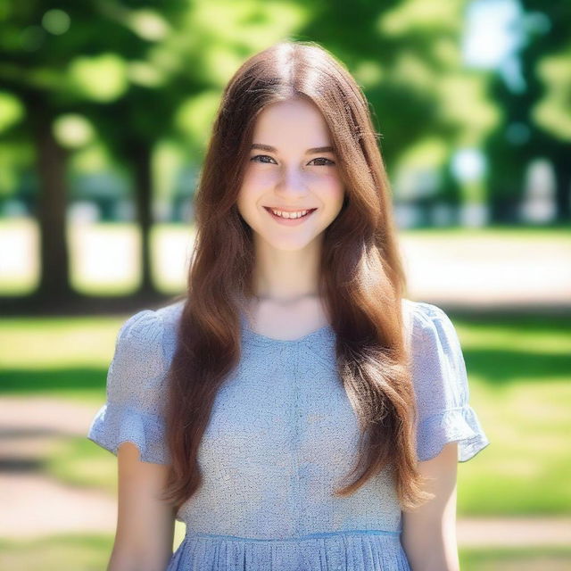 Generate an image of a girl standing in a park during a sunny day