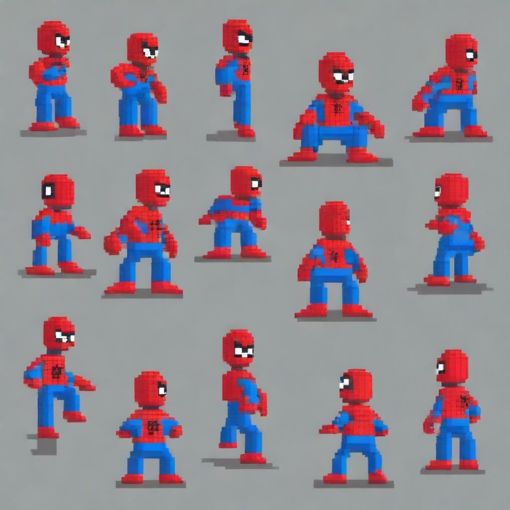 Create a series of pixel art sprites featuring Spiderman in an idle position