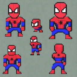 Create a series of pixel art sprites featuring Spiderman in an idle position