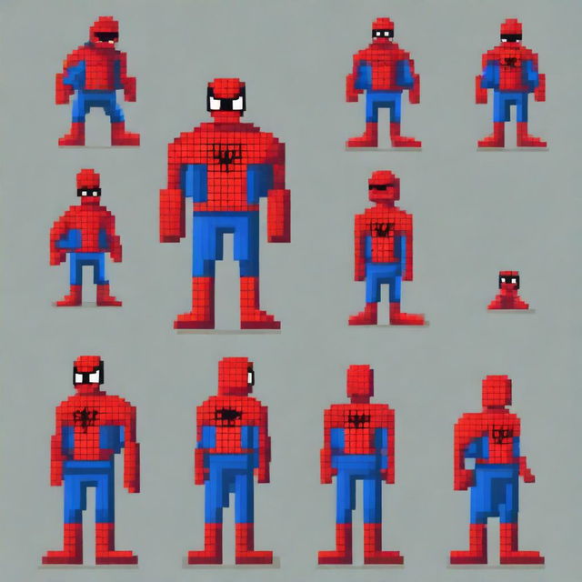 Create a series of pixel art sprites featuring Spiderman in an idle position