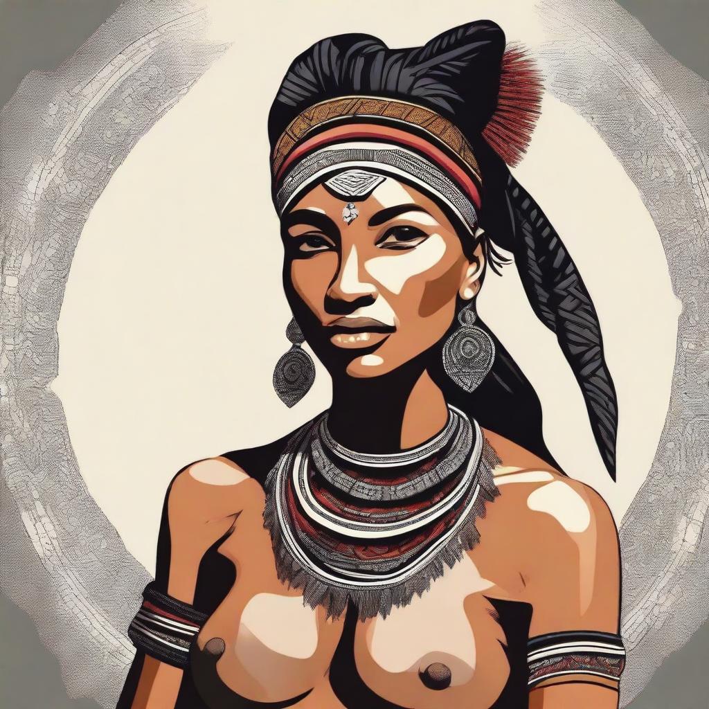 Create an image of a strong and beautiful tribal woman, showcasing her bold and fearless nature