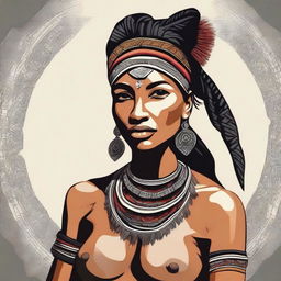 Create an image of a strong and beautiful tribal woman, showcasing her bold and fearless nature