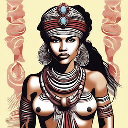 Create an image of a strong and beautiful tribal woman, showcasing her bold and fearless nature