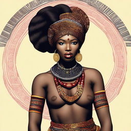 Create an image of a beautiful black woman from a tribe, showcasing her strength, elegance, and cultural heritage