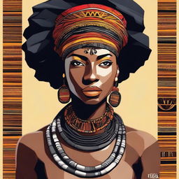 Create an image of a beautiful black woman from a tribe, showcasing her strength, elegance, and cultural heritage