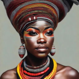 Create an image of a beautiful black woman from a tribe, showcasing her strength, elegance, and cultural heritage