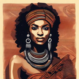 Create an image of a beautiful black woman from a tribe, showcasing her strength, elegance, and cultural heritage