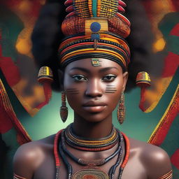 Create a 3D high-resolution image of a beautiful black woman from a tribe