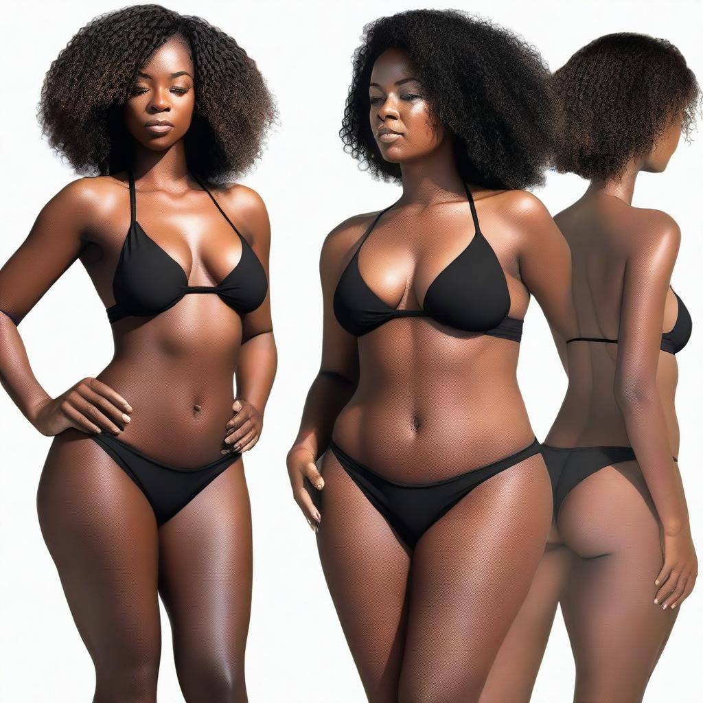 Create a photorealistic image of a black woman's body in a black bikini