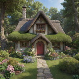 A realistic, charming cottage in a tranquil forest setting, akin to Snow White's abode, with vibrant detail and fairy-tale ambiance.