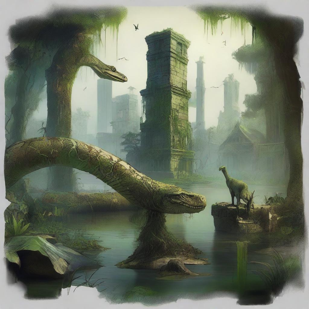 Create an image of a lost city in a swamp, with a snake and a dinosaur bone visible