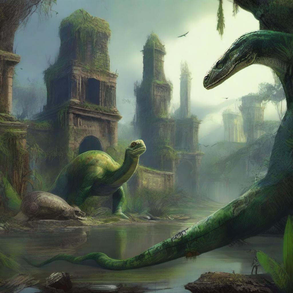 Create an image of a lost city in a swamp, with a snake and a dinosaur bone visible