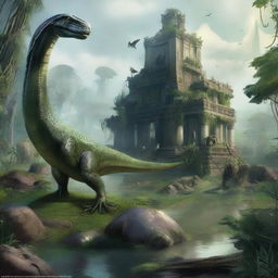 Create an image of a lost city in a swamp, with a snake and a dinosaur bone visible