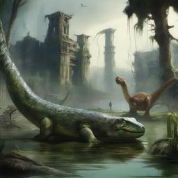 Create an image of a lost city in a swamp, with a snake and a dinosaur bone visible