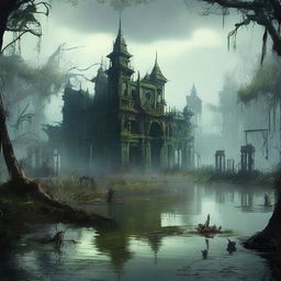 Create an image of a lost city in a swamp