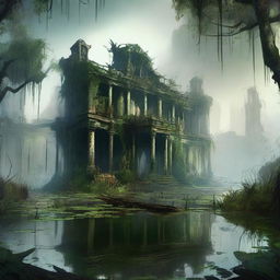 Create an image of a lost city in a swamp