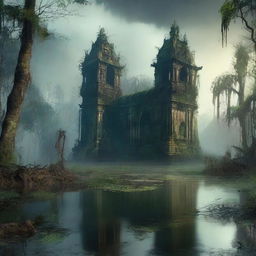 Create an image of a lost city in a swamp