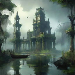 Create an image of a lost city in a swamp