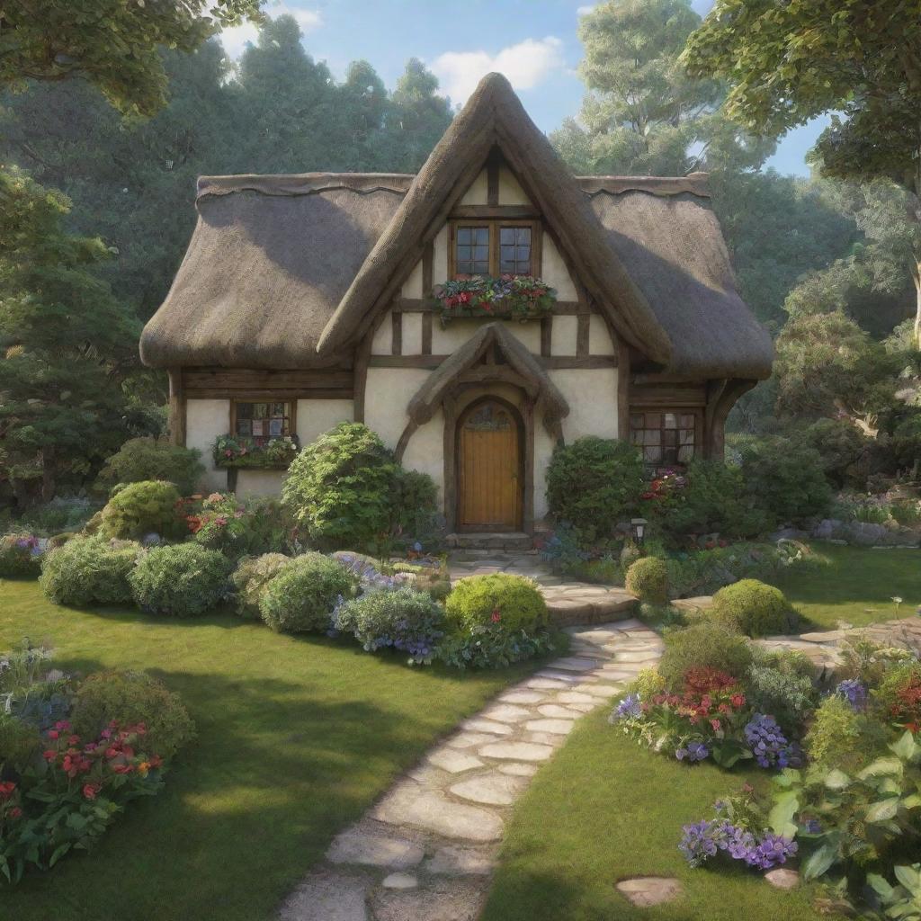 A realistic, charming cottage in a tranquil forest setting, akin to Snow White's abode, with vibrant detail and fairy-tale ambiance.