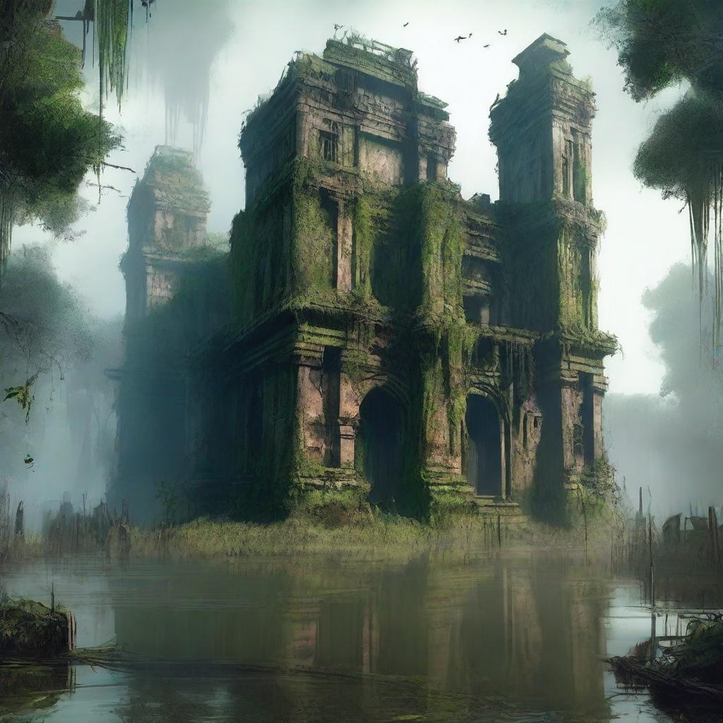 Generate an image of a lost city in a swamp with high walls