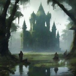 Generate an image of a lost city in a swamp with high walls