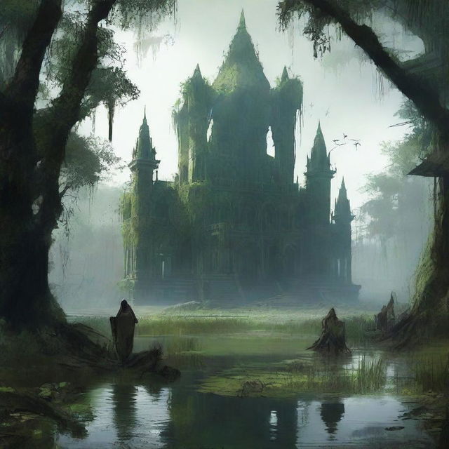 Generate an image of a lost city in a swamp with high walls