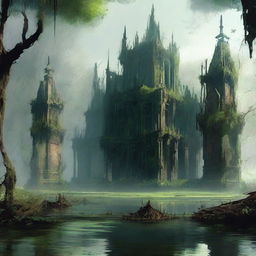 Generate an image of a lost city in a swamp with high walls