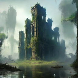 Generate an image of a lost city in a swamp with high walls