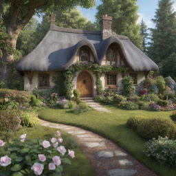 A realistic, charming cottage in a tranquil forest setting, akin to Snow White's abode, with vibrant detail and fairy-tale ambiance.