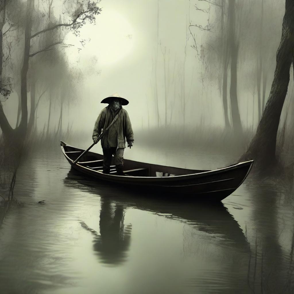 Generate an image of a man arriving at a swamp in a sailboat