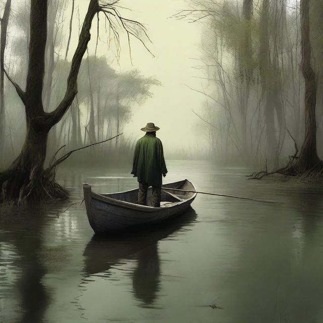 Generate an image of a man arriving at a swamp in a sailboat